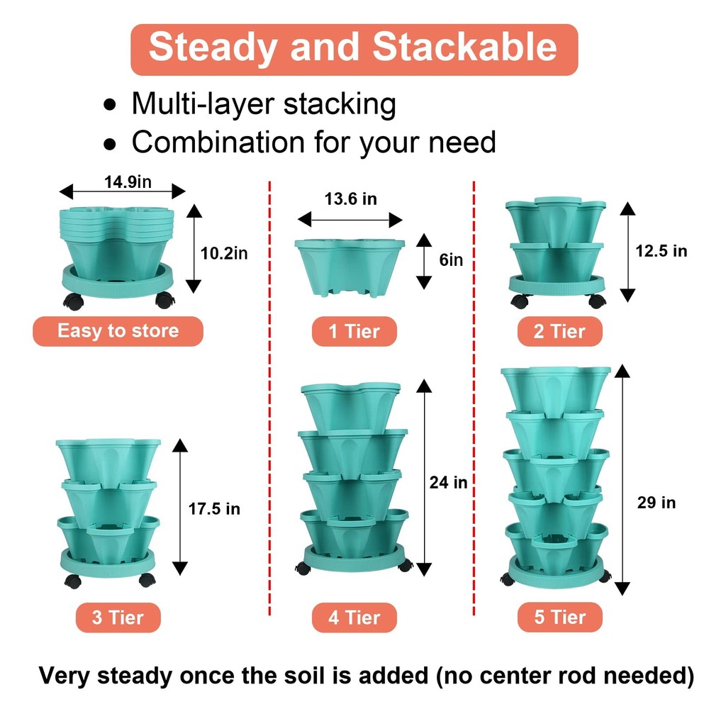 Vertical Planter Tower - 5 Tier Stackable Garden Planters with Wheels and Too...