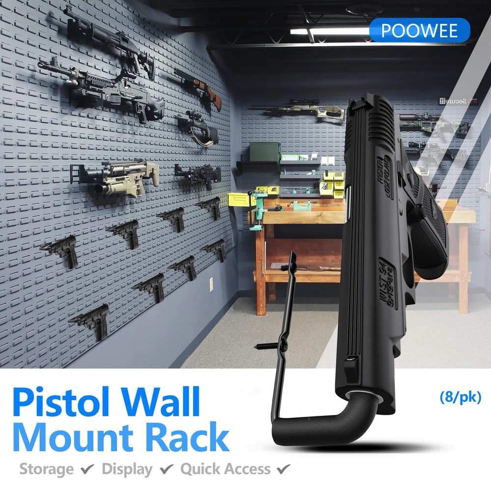 8-Piece Wall Mount Pistol Rack - Rubber Coated Handgun Display System