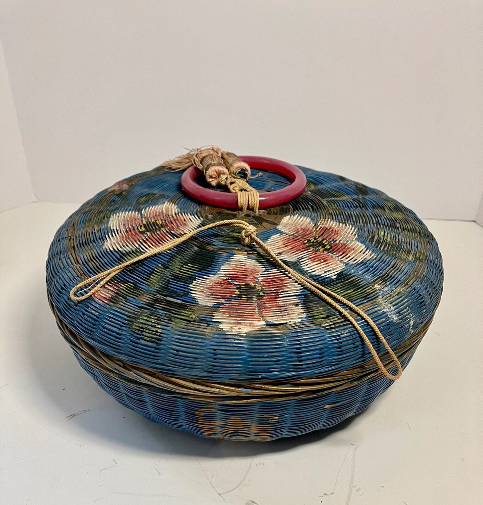 Hand Painted Vintage Round Sewing Basket