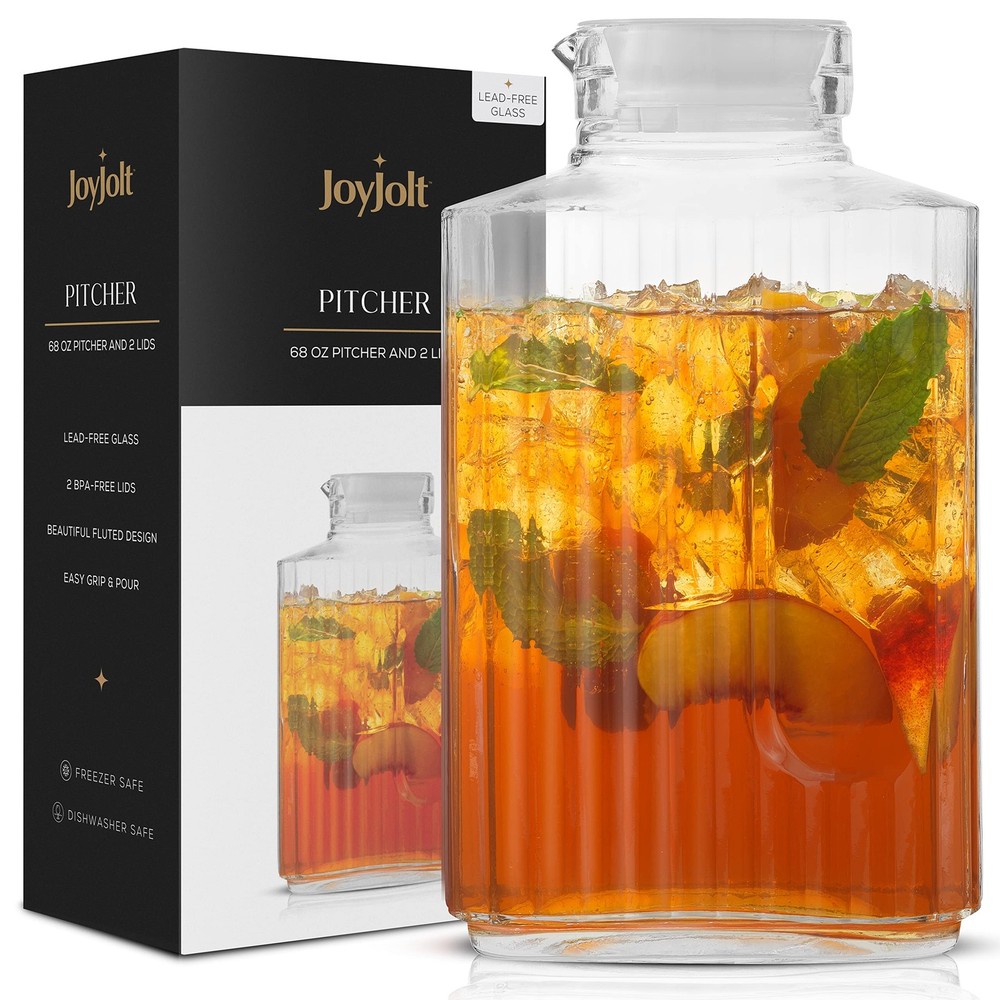 68oz Glass Pitcher with Lid (2 Lids), Rectangle Beverage Serveware and Storage C