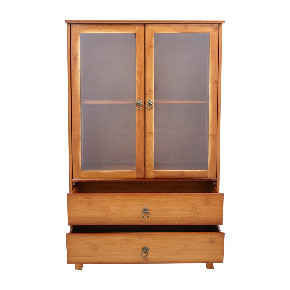 2-Compartments Bamboo Kitchen Sideboard Storage Organizer Cupboard Freestanding