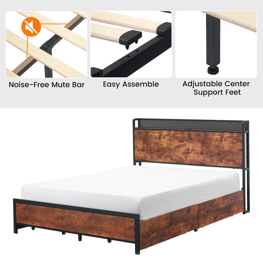 Full Bed Frame with 4 Storage Drawers Metal Platform Bed Frame Headboard W/LED
