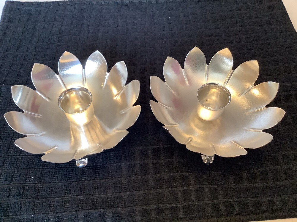 Pair Of Silver Plate Petal Shaped Candle Holders.