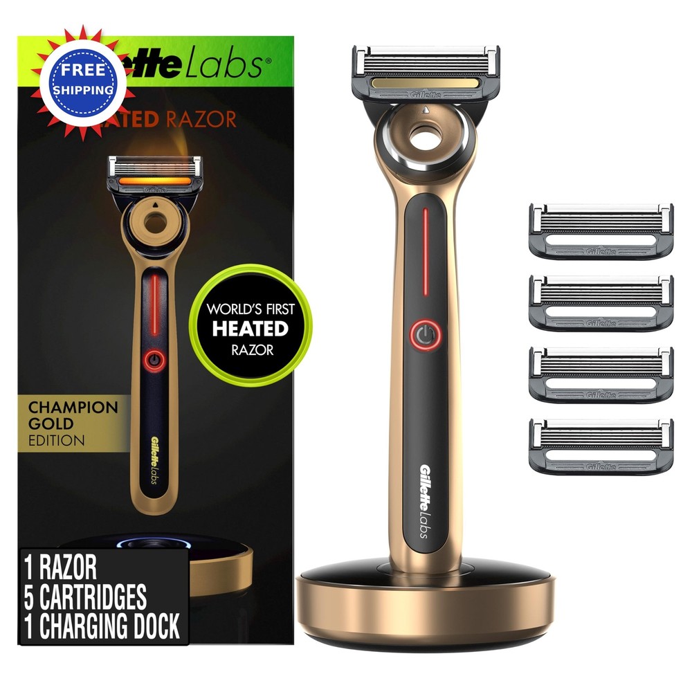 Heated Razor Gillette Labs Gold Edition Handle Blade Refills Charging Dock
