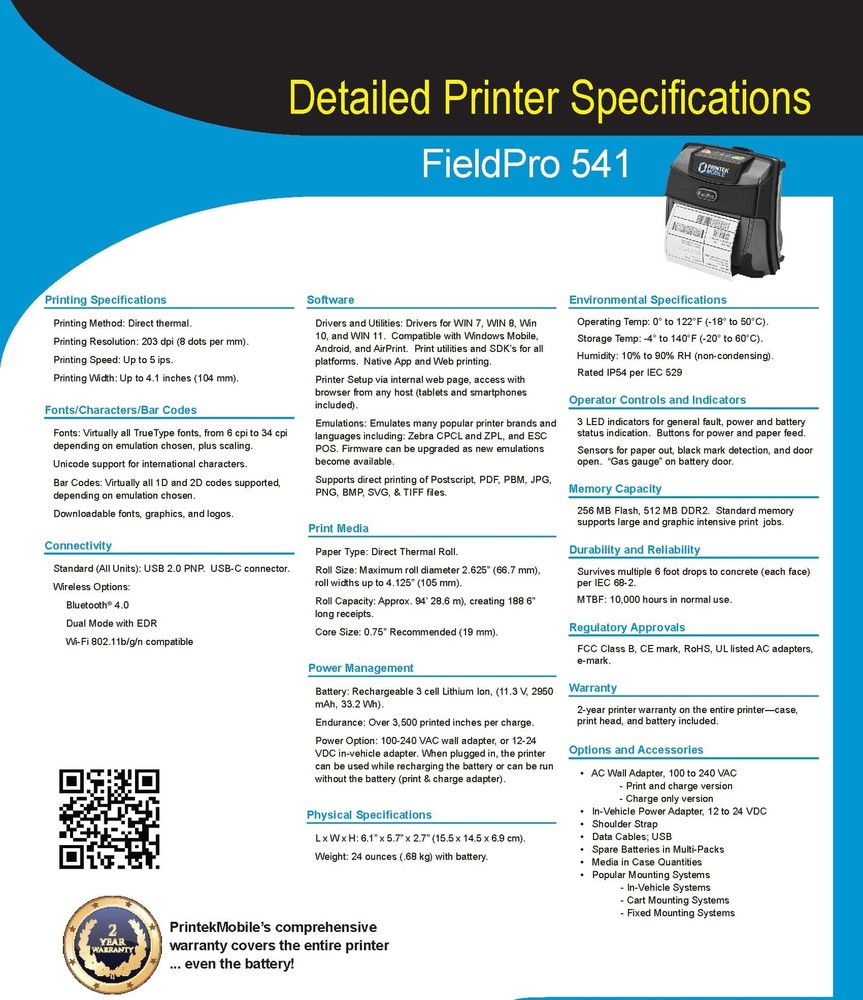 Printek 93933 FP541 SE Direct Thermal 4" printer Bluetooth Without Battery