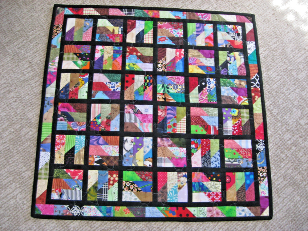 Quilted Table Topper, Scrappy Rectangles, Black Sashing
