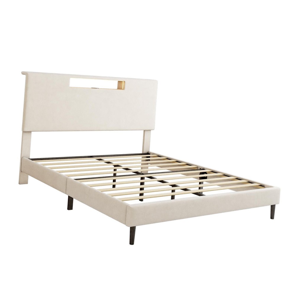 Upholstered Platform Bed Large Size Frame With LED Light And Charging Function