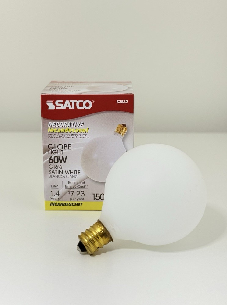 Satco S3832 60W 120V Decorative Satin White Globe Light Bulbs G16.5 - 3pack