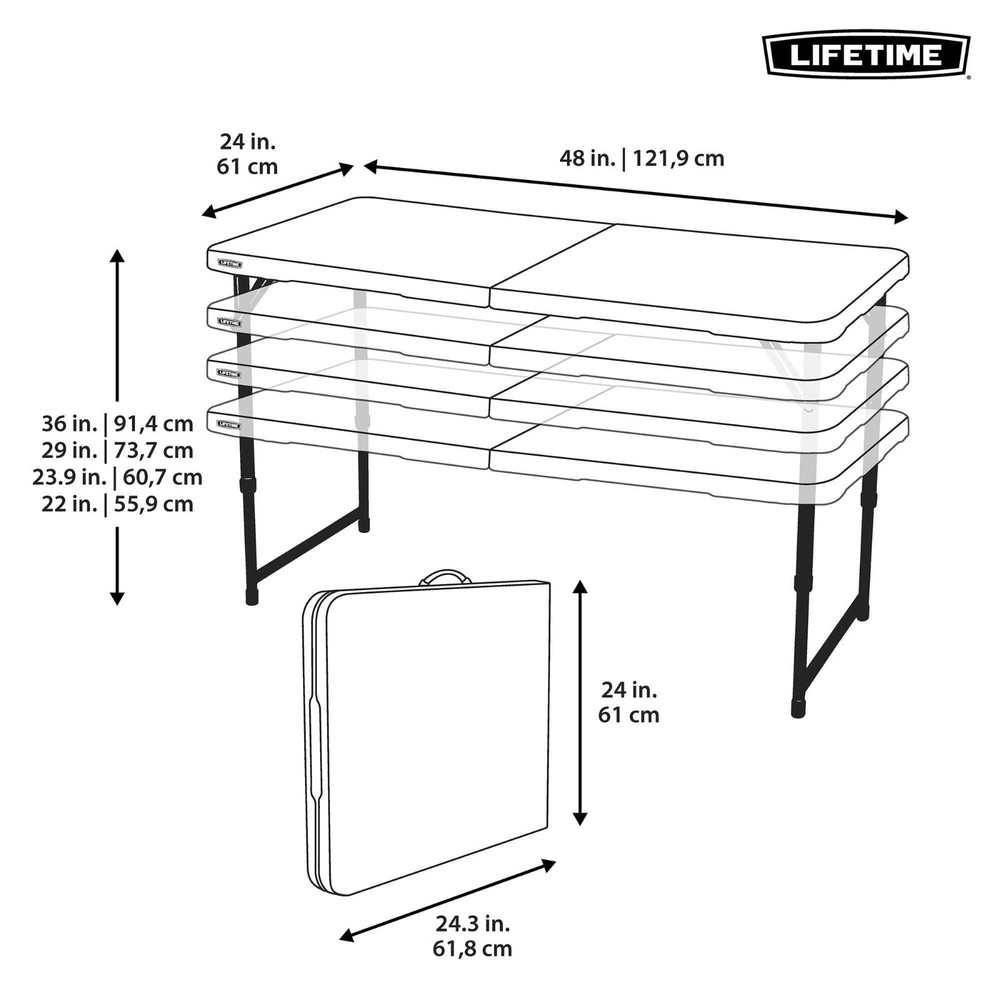 Lifetime Adjustable Height Leg Table 4428 White 4' Fold-in-Half Folding Table