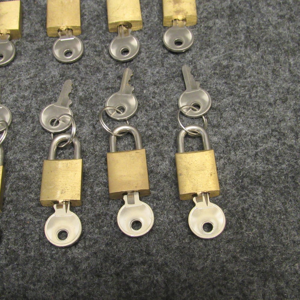11 Miniature Brass Padlocks w/ Keys Each Keyed Seperately 1-1/4" Display Case