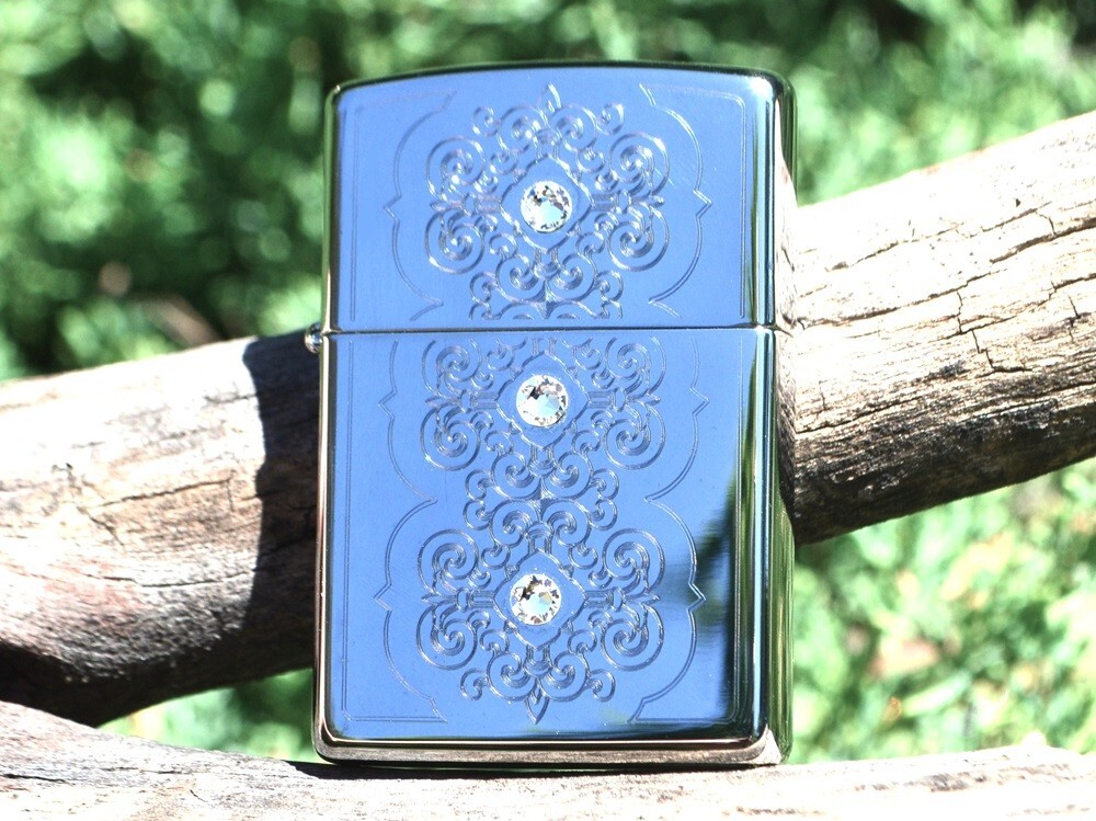 Victorian Pattern Zippo Lighter - Rotary Engraved - Three Swarovski Crystals