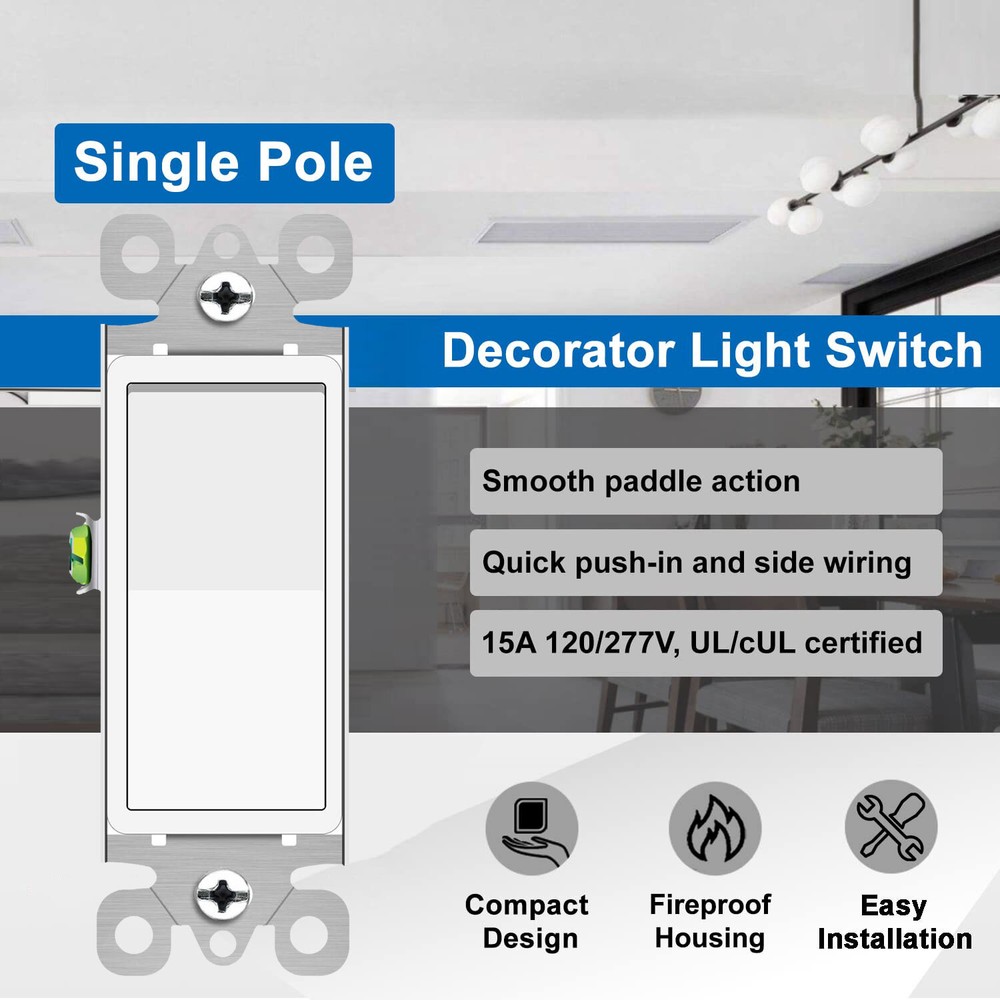 Wall Light Switch 15Amp 120/277 Volt Rocker Paddle Single Pole UL Listed 100Pack