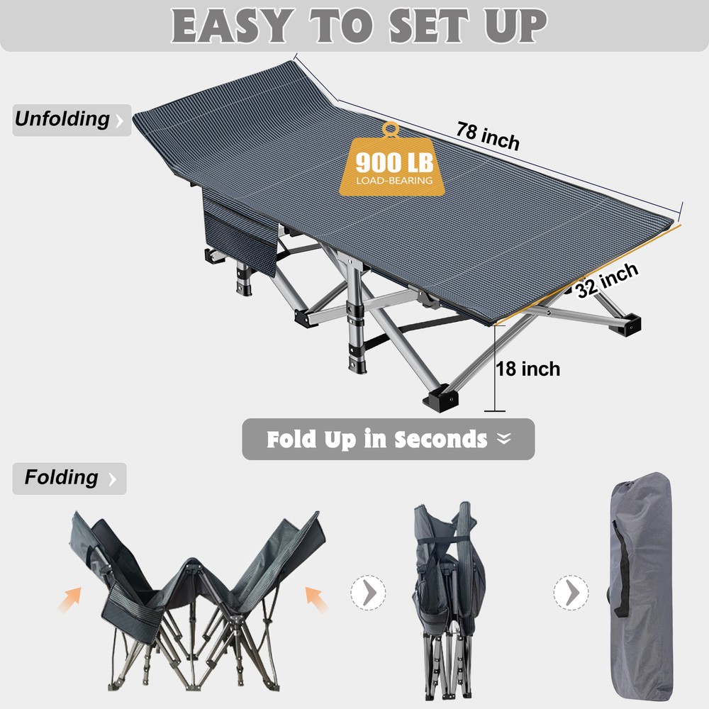 NAIZEA Extra-Wide Folding Camping Cot, Quiet Sleeping Cot With Side Pocket XXL