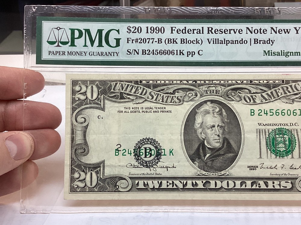 $20 1990 PMG 35 Misalignment Error District Overprint Fr#2077-B