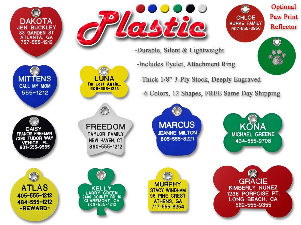 Pet ID Tags Custom Engraved Plastic Dog/Cat Lightweight Quiet Identification