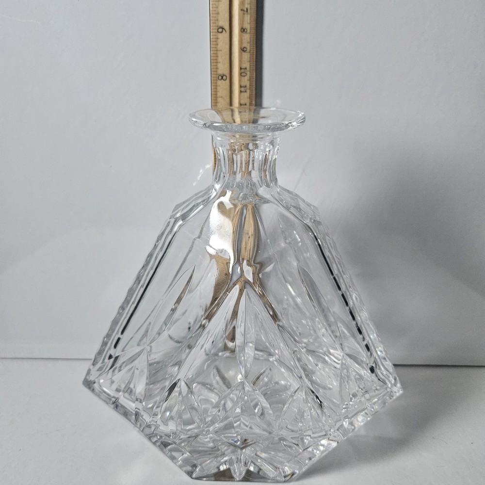 Vintage Block Cut Crystal Triangular Decanter & Stopper Olympic Pattern Heavy