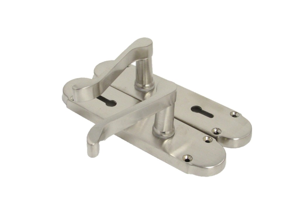 Epsom Satin Victorian Scroll on Shaped Back Plate Lock Door Handle Pair