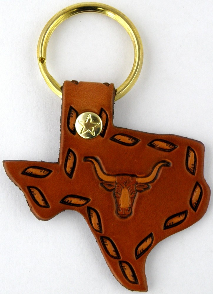 Texas Shaped Leather Key Ring w/Longhorn Design