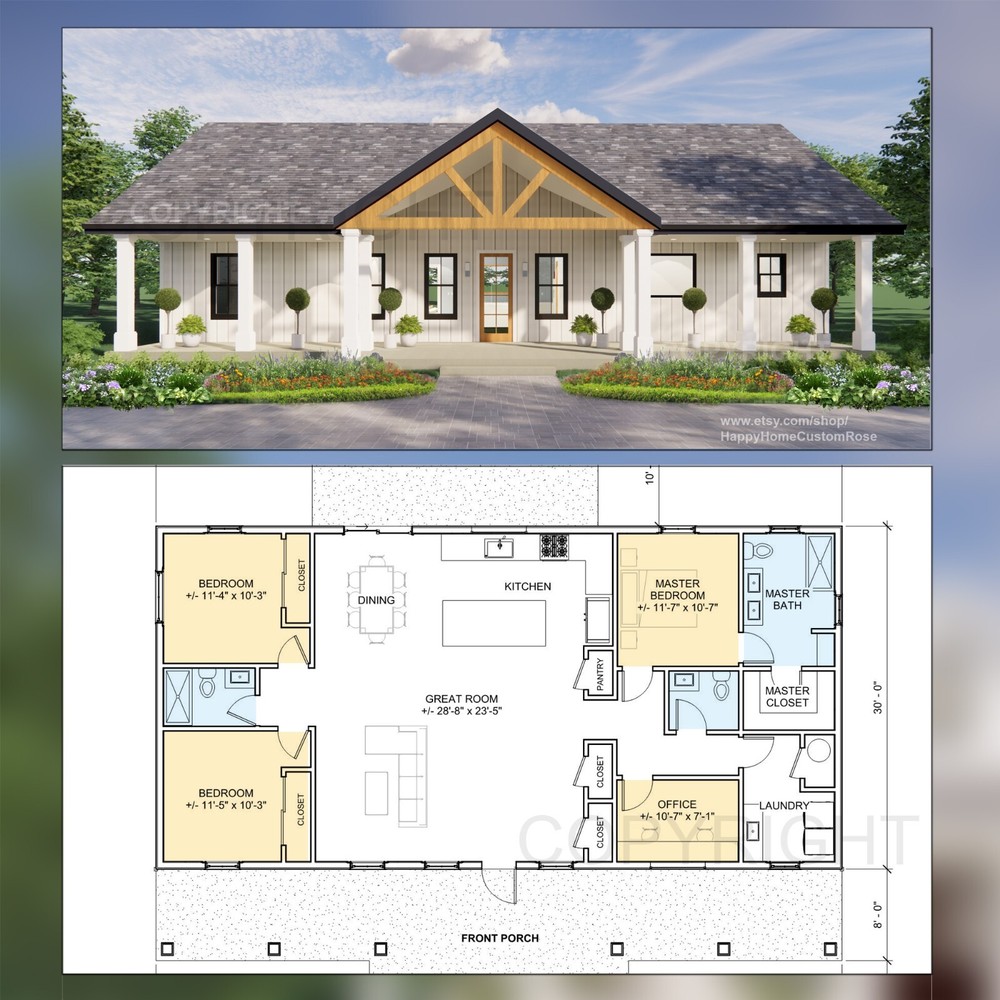 Farmstead Modern House Open Plan Design 3 Bed 2.5 Bath - Drawings Blueprint