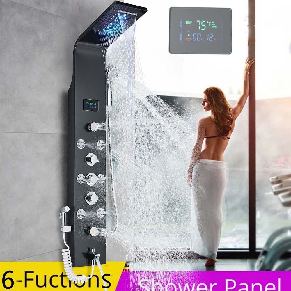 LED Shower Panel Tower System 6Fcuntion Rainfall Head Massage Body Jet Stainless