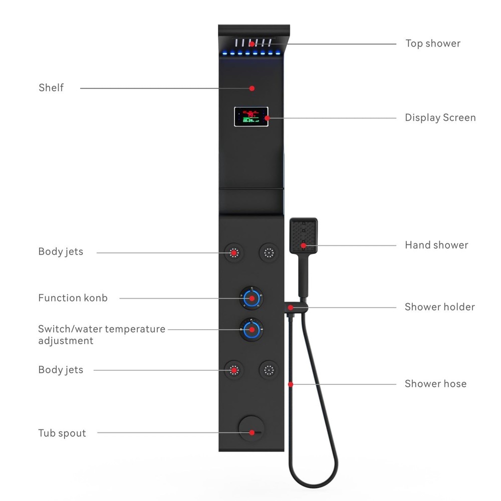 ELLO&ALLO LED Shower Panel Tower System with Shelf, Rainfall Black&Silver