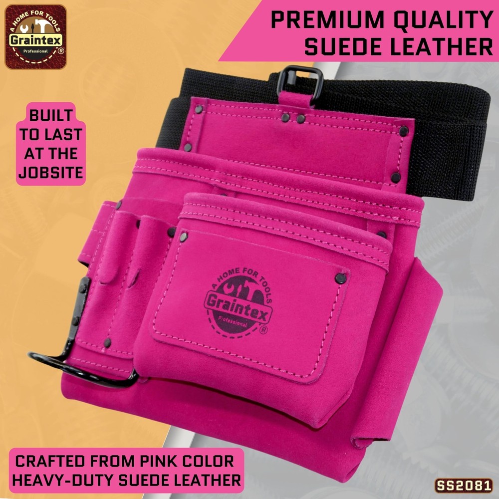 5 Pocket Suede Leather Tool Belt/Bag | Pink | Multipurpose Leather Tool Belt ...
