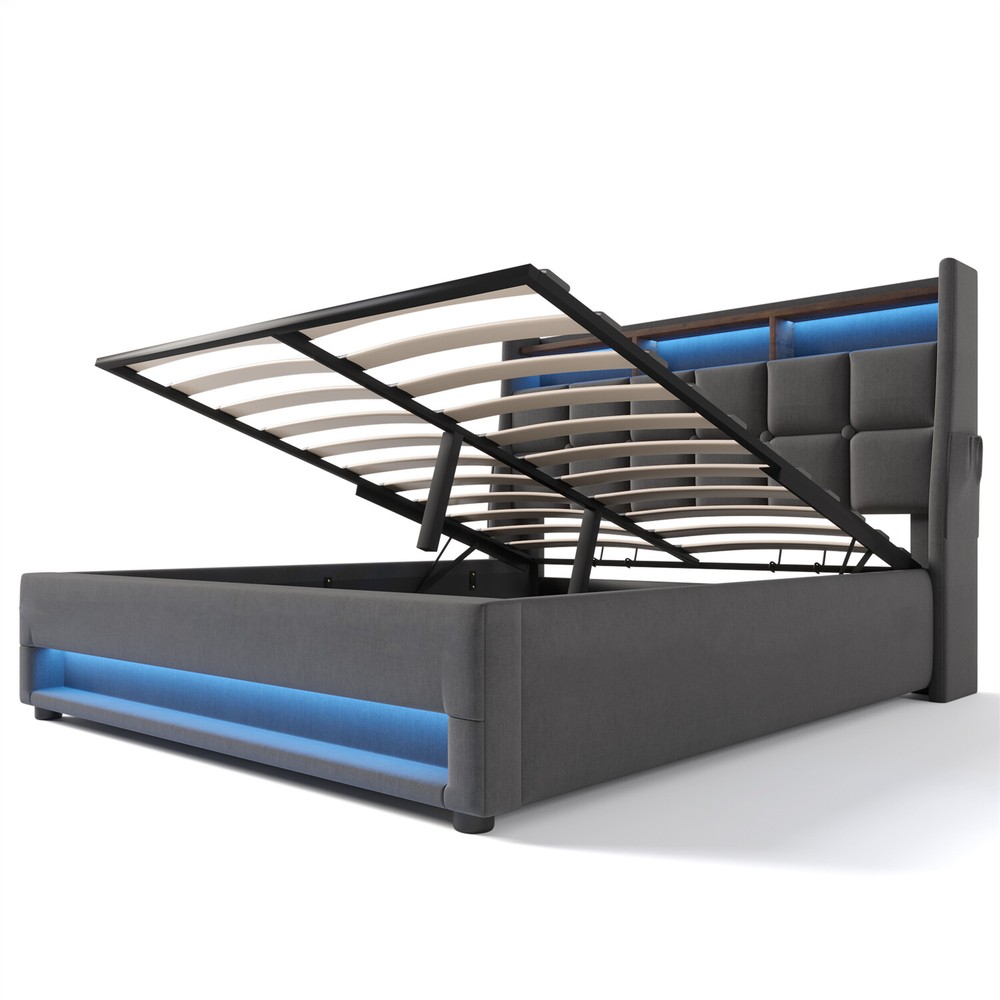 Queen Size LED Bed Frame Upholstered Platform Bed with Hydraulic Storage System