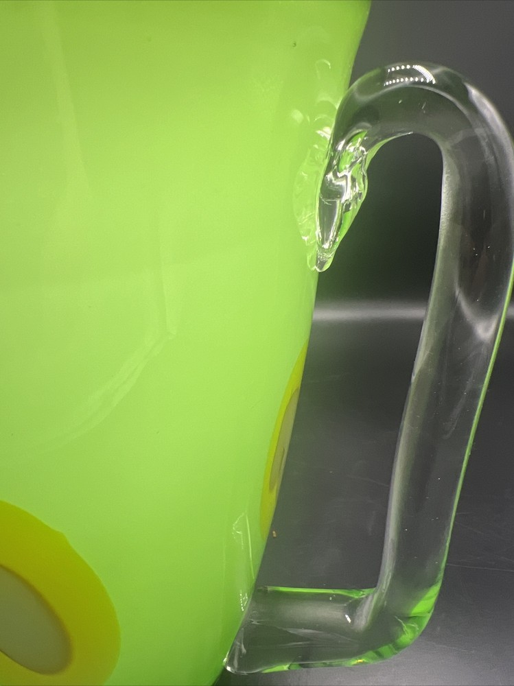 Art Glass Pitcher Hand Blown Lime Green with Applied Handle