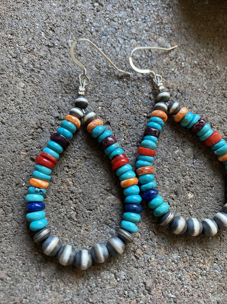 Sterling Silver Multi Stone W Pearls Bead Loop Earrings.