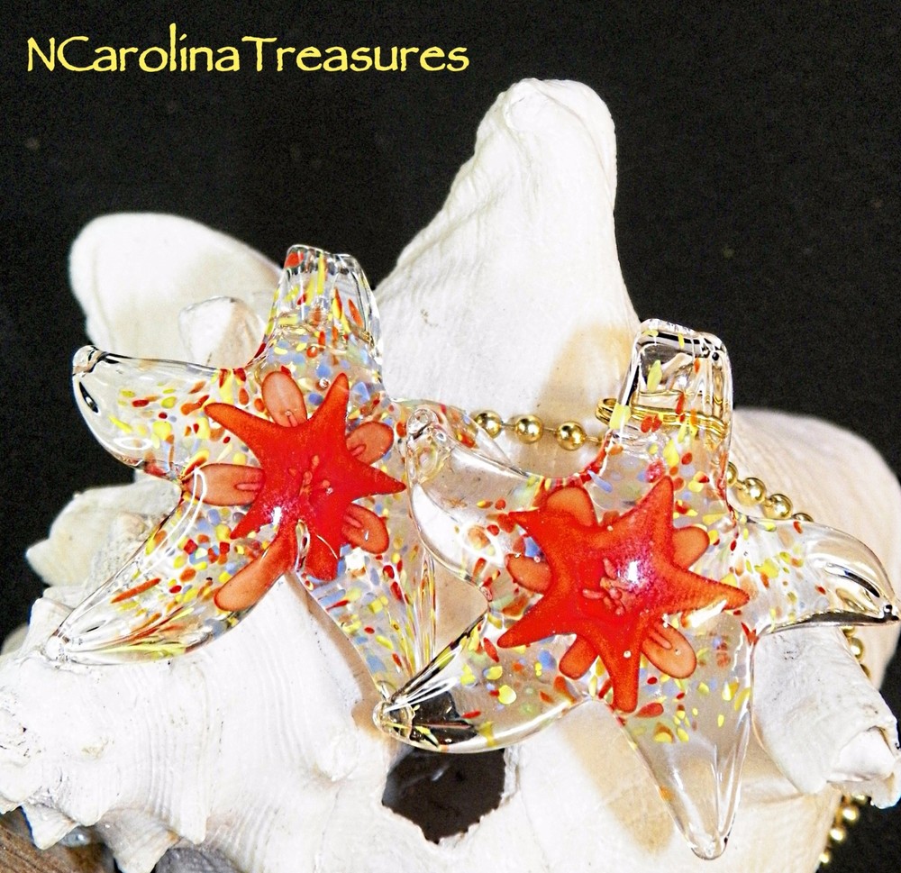 STAR STARFISH RED STARBURST ART GLASS CEILING FAN LIGHT SWITCH PULL LARGE PAIR