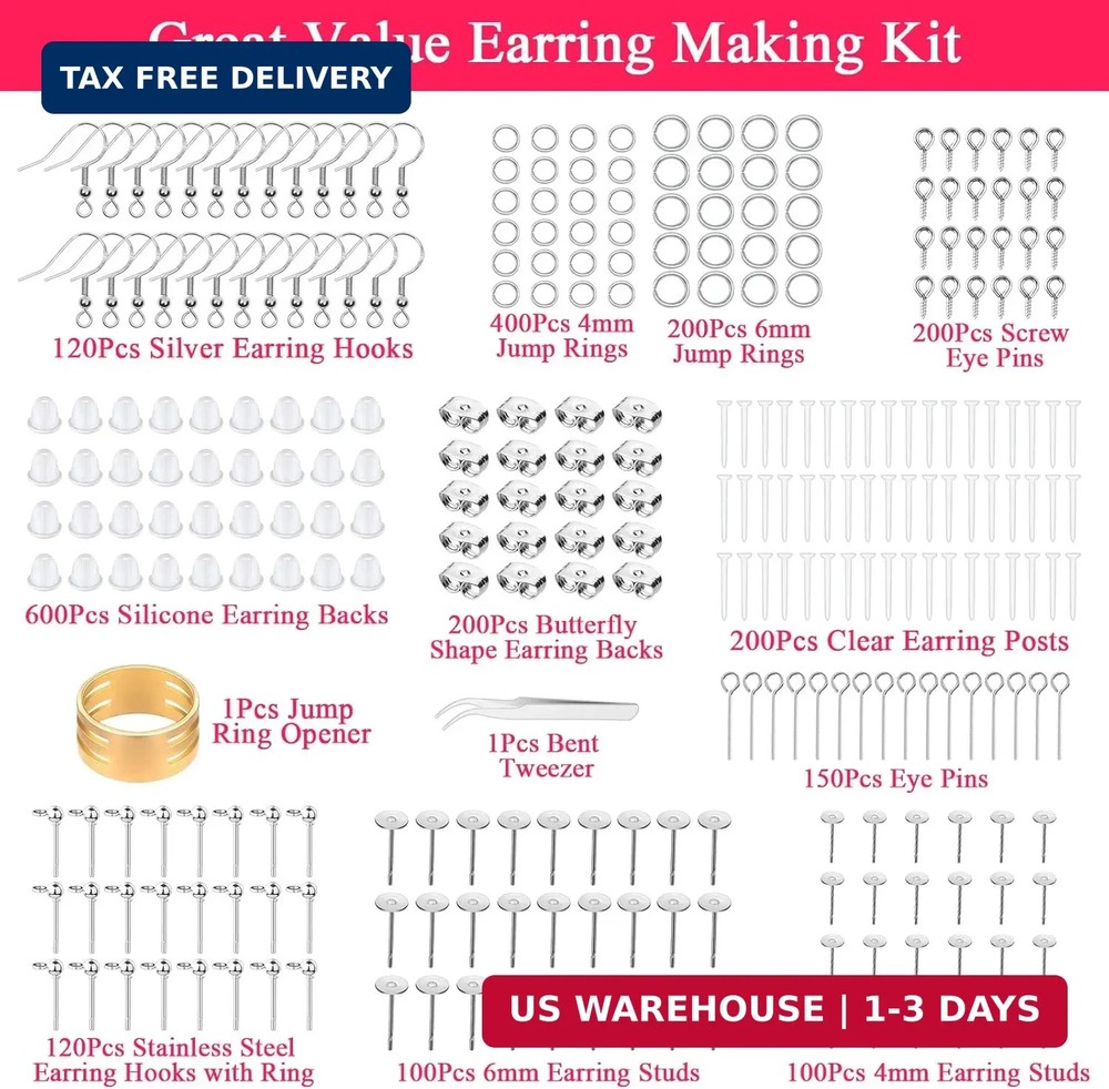 Cludoo Earring Making Kit - 2393 Pcs Hypoallergenic Earring Hooks, Posts, Backs,