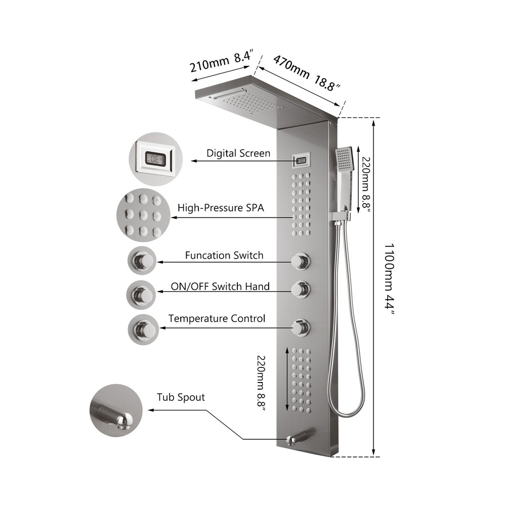 Stainless Steel Shower Panel Column Tower Digital Display Rainfall Massage Mixer