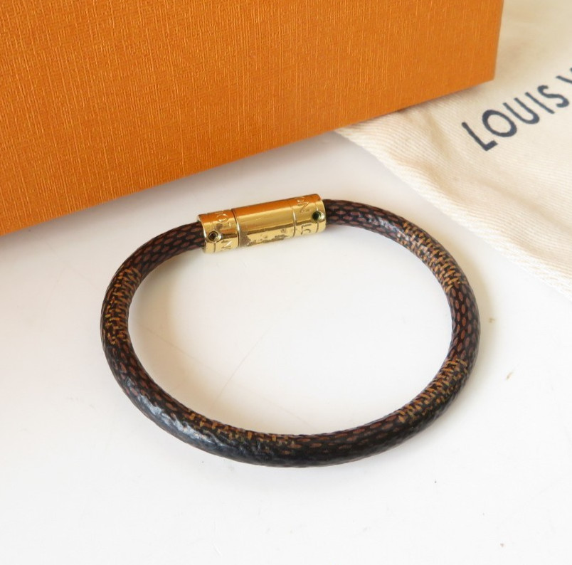 Authentic Louis Vuitton Damier Ebene Keep It Leather Bracelet S#44747