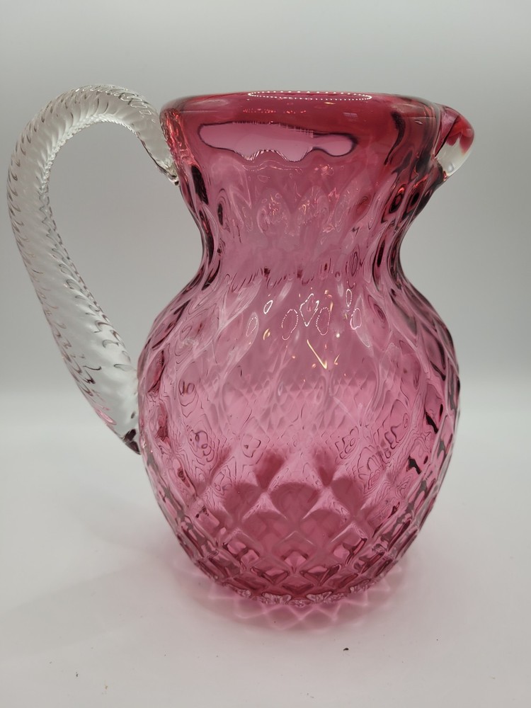 Cranberry Art Glass Pitcher Diamond Pattern With Applied Clear Handle