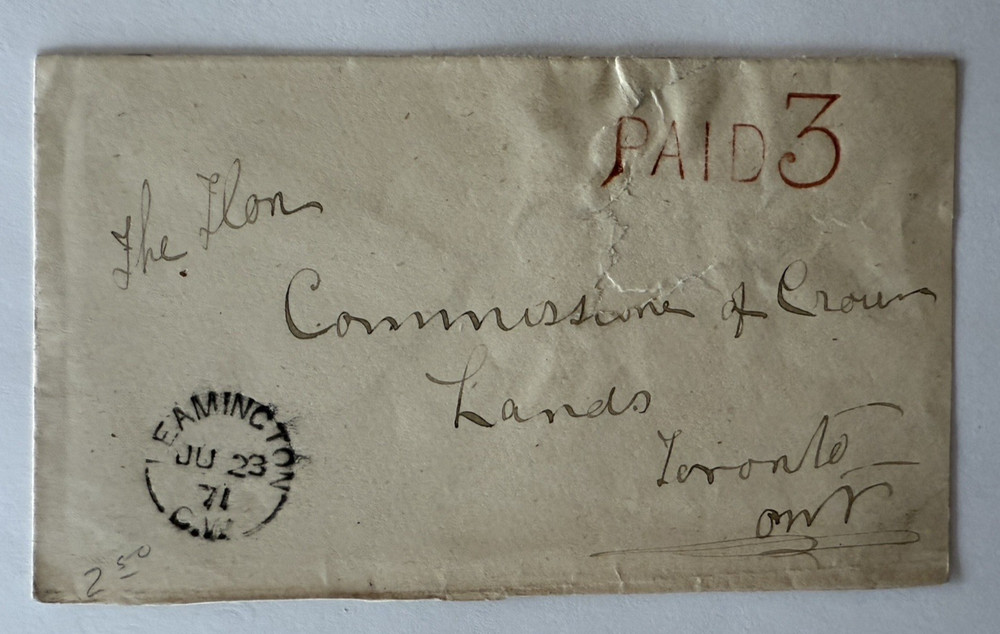1871 Leamington, Canada West Toronto "Stampless" Postal Cover 3c