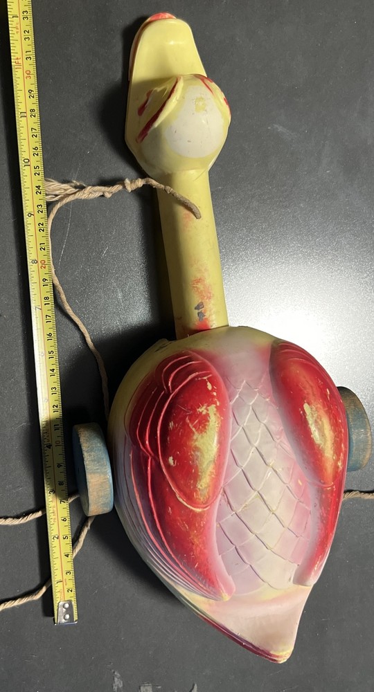 Vintage Pull Behind Duck, Metal Bottom, Wood Wheels, Noise Maker