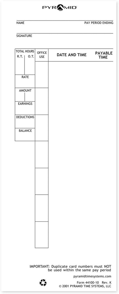 Pyramid Time System - Authentic Time Cards [44100-10PK3] for Pyramid 4000, 4000P