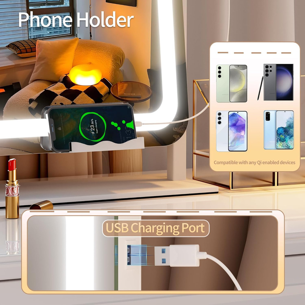 LED Vanity Mirror with Lights, 40" x 29", 10X Magnification, USB Charging