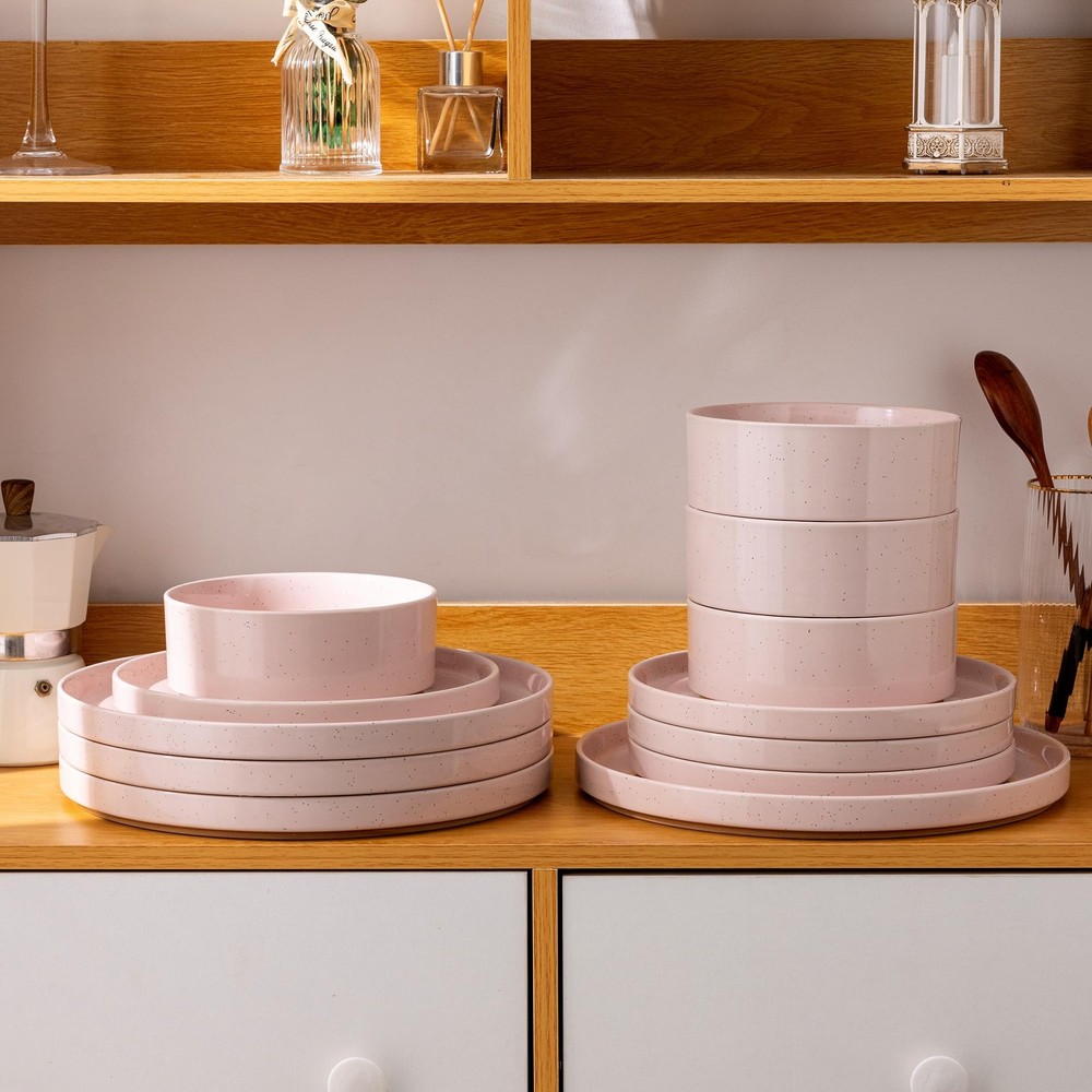 Ceramic Dinnerware Set for 4 | Speckled Stoneware Modern-Pink Service for 4