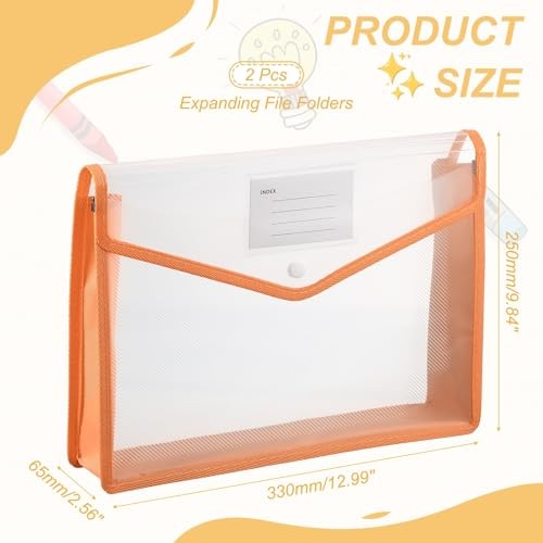 Plastic Expanding File Folders, 2 Pack File Folder Envelopes Letter A4 Orange