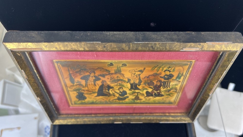 Vtg Middle Eastern Framed Small Hand-Painted Gathering Scene on Camel Bone
