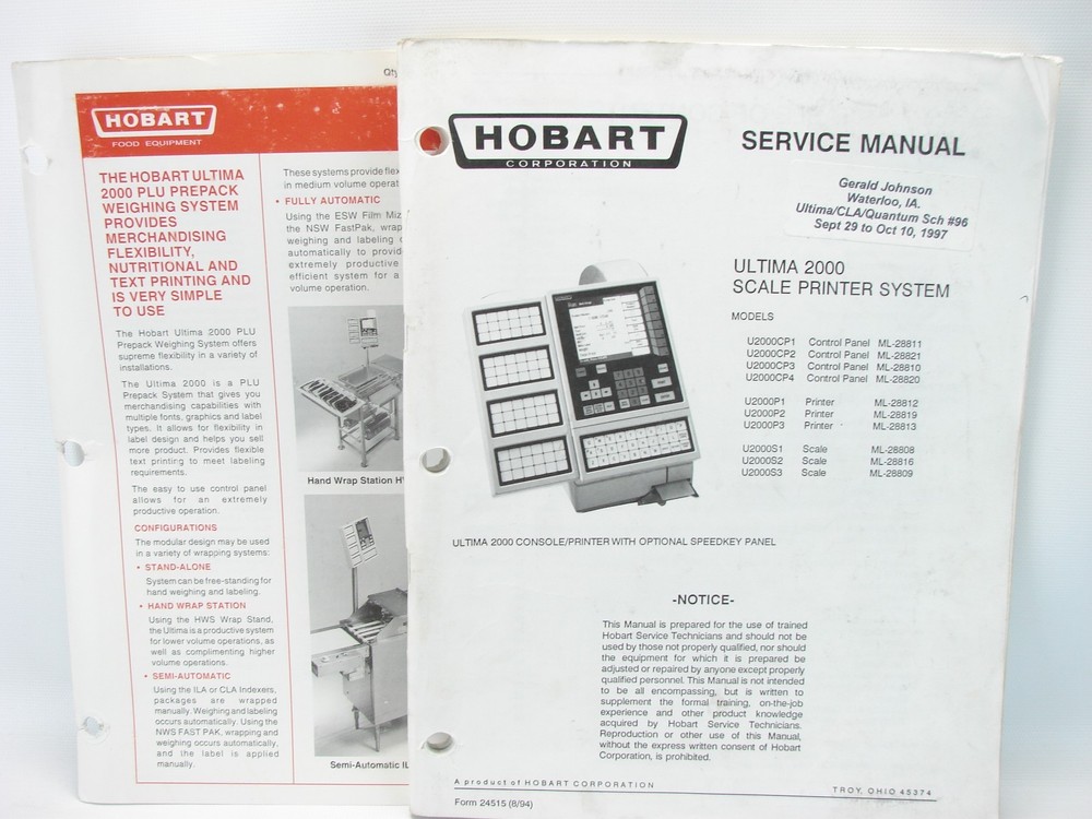 Hobart Ultima 2000 Scale Printer System Service, Operator, Supervisor Manuals +