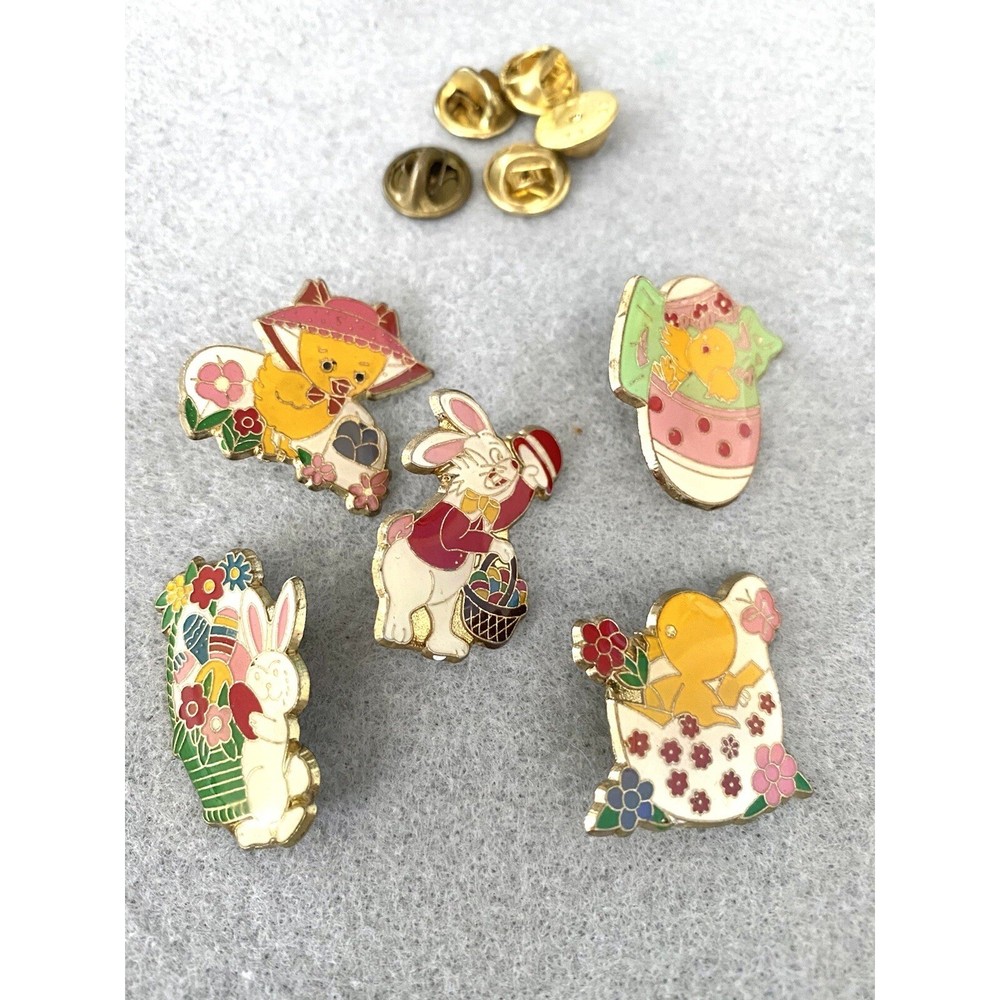 Vintage Easter Enamel Pin Set 5pc Bunny Chick Easter Egg Gold Tone Lapel Pins