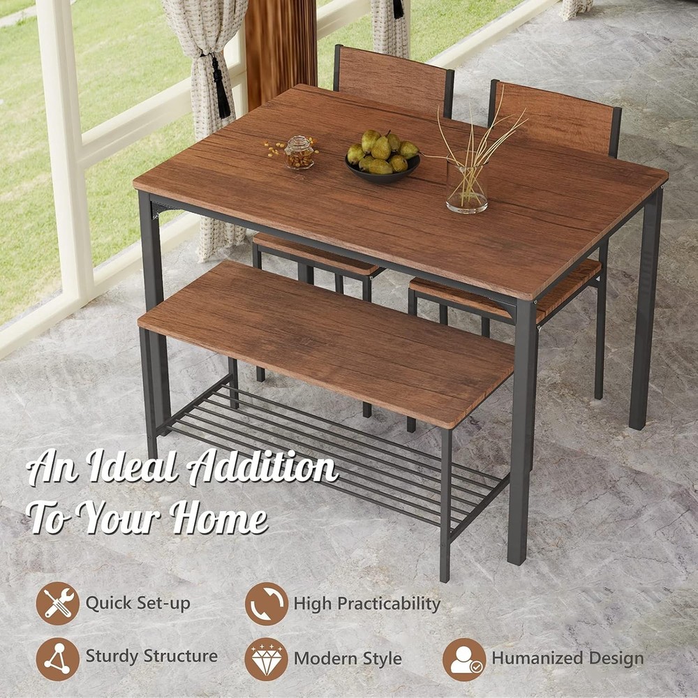 Dining Table Set 4 43" Kitchen Table & Chairs Dining Bench W/ Metal Frame &