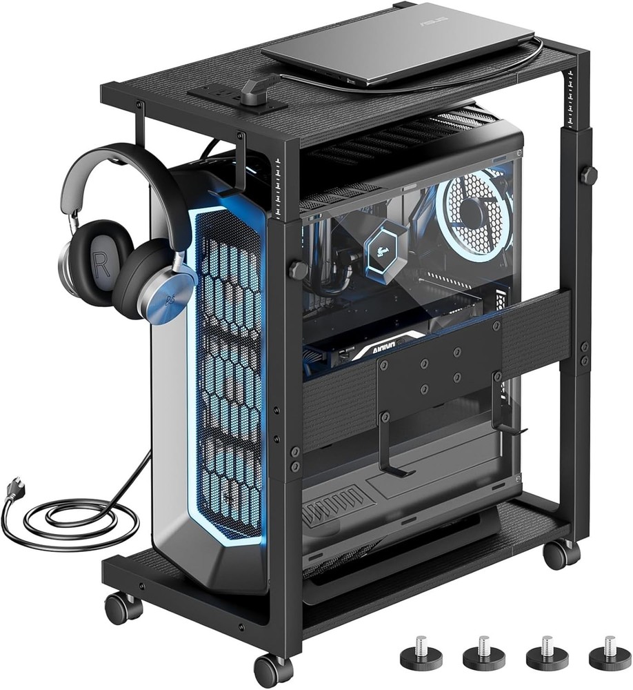 Computer Tower Stand - Adjustable PC Tower Stand CPU Holder Cart with Charging