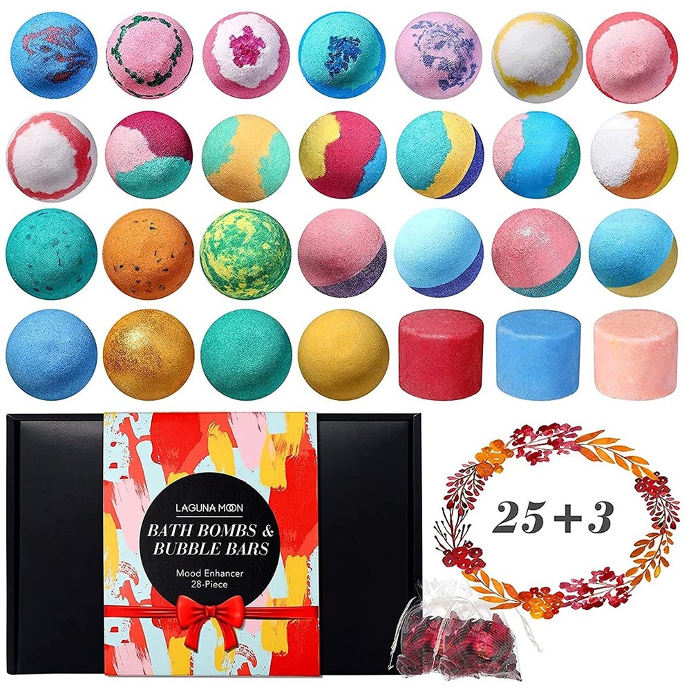 Bath Bombs - 25 Extra Large Pcs + 3 Bubble Bars & Dried Flowers - Bubble Bath...