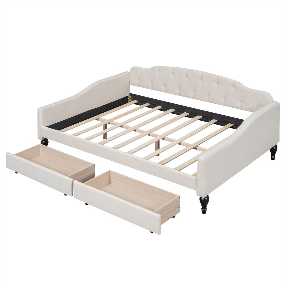Full Size Daybed Upholstered Bed Frame Sofa Bed w/ 2 Storage Drawers Beige