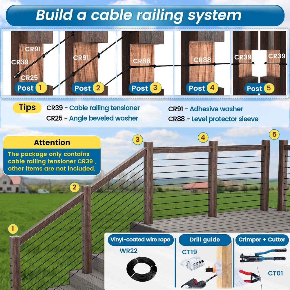 20 Pack 1/8" Black Cable Railing Hardware Kit Hand Swage Threaded Stud Tensio...