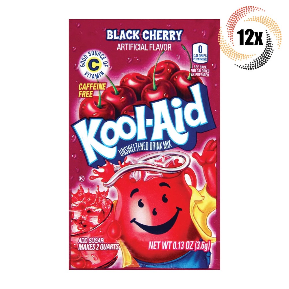 12x Packets Kool-Aid Black Cherry Caffeine Free Soft Drink Mix - .14oz Each