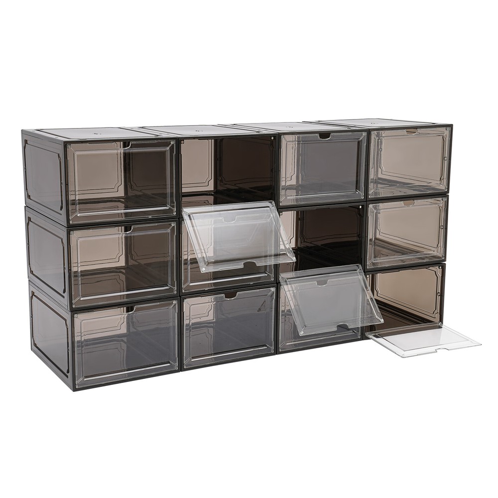 12*Stackable Shoe Storage Boxes PP & Acrylic Organizer Bins Dust-proof Container